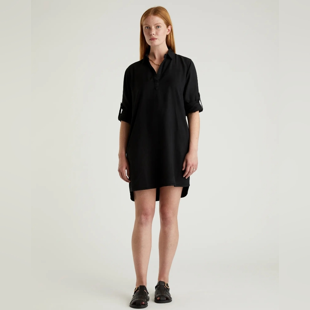 NEW Quince Vintage Wash Tencel Roll Sleeve Tunic Dress Washed Black Sz XL